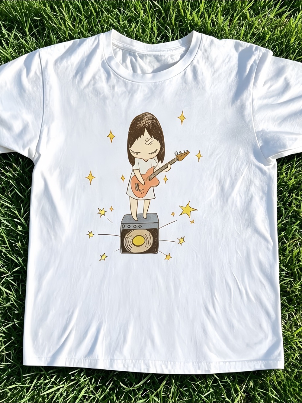 Cute Yoshitomo Nara style girl playing guitar graphic unisex T-shirt.